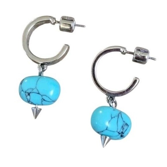 Signed GEN Faux Turquoise Silver Tone Spike Dangle Hoop Earrings - Picture 2 of 5